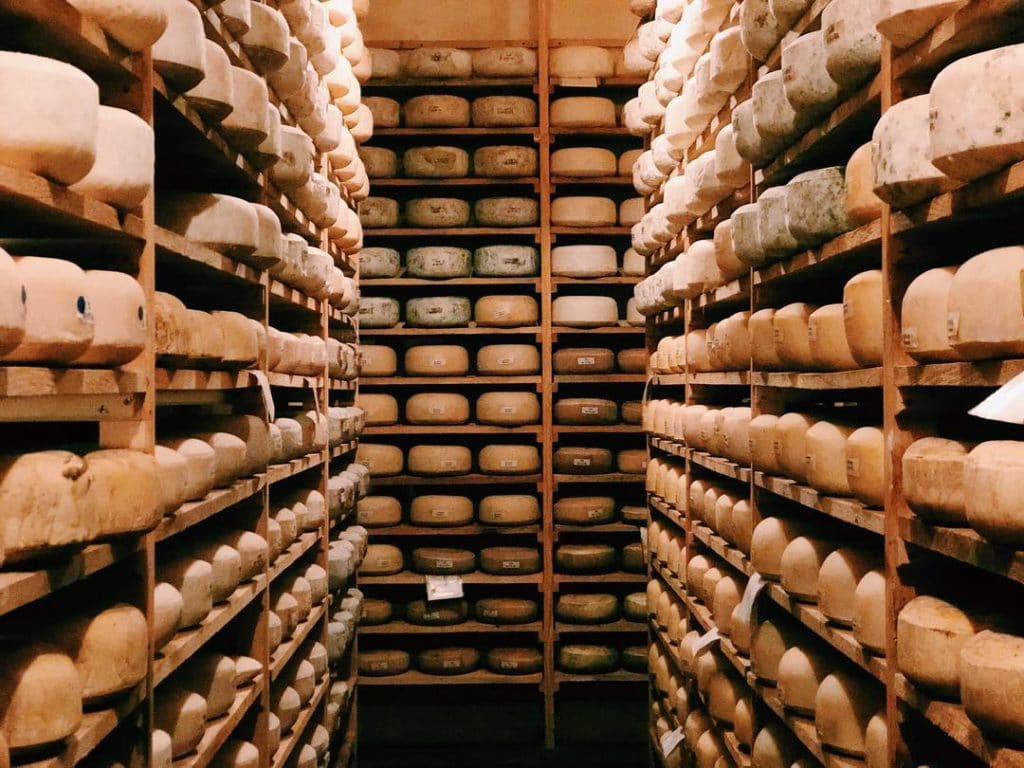 Shelves of cheese wheels aging in a cheese cave